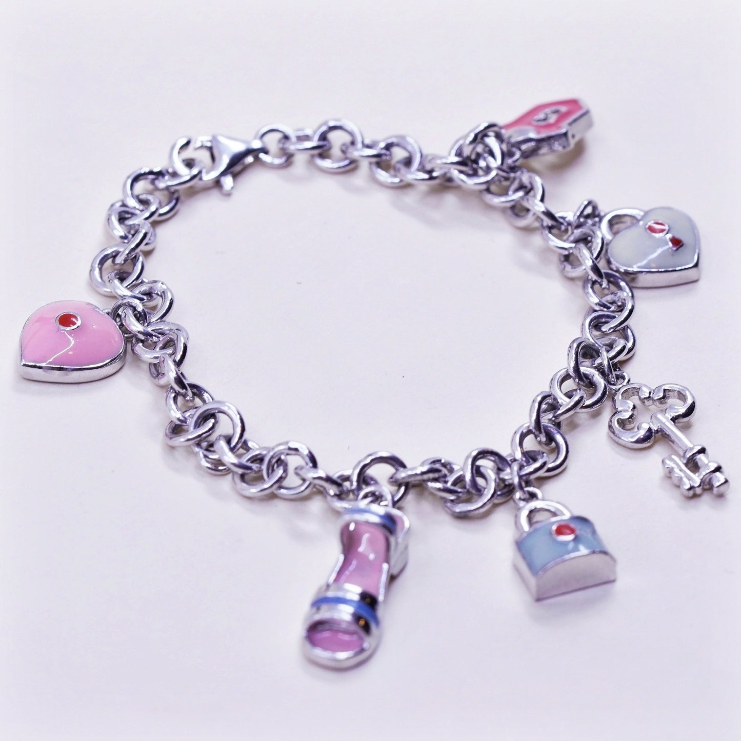 7”, sterling silver circle bracelet, 925 chain enamel heart key sandal charms