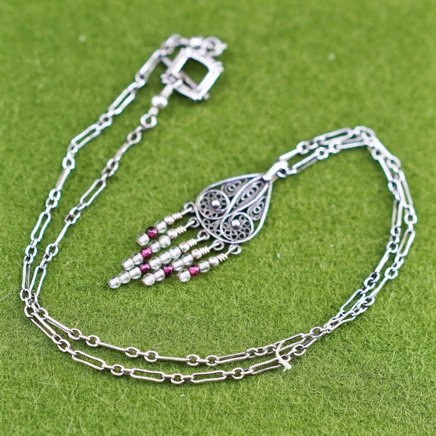 16”, 925 sterling silver elongated chain with filigree teardrop pendant beads