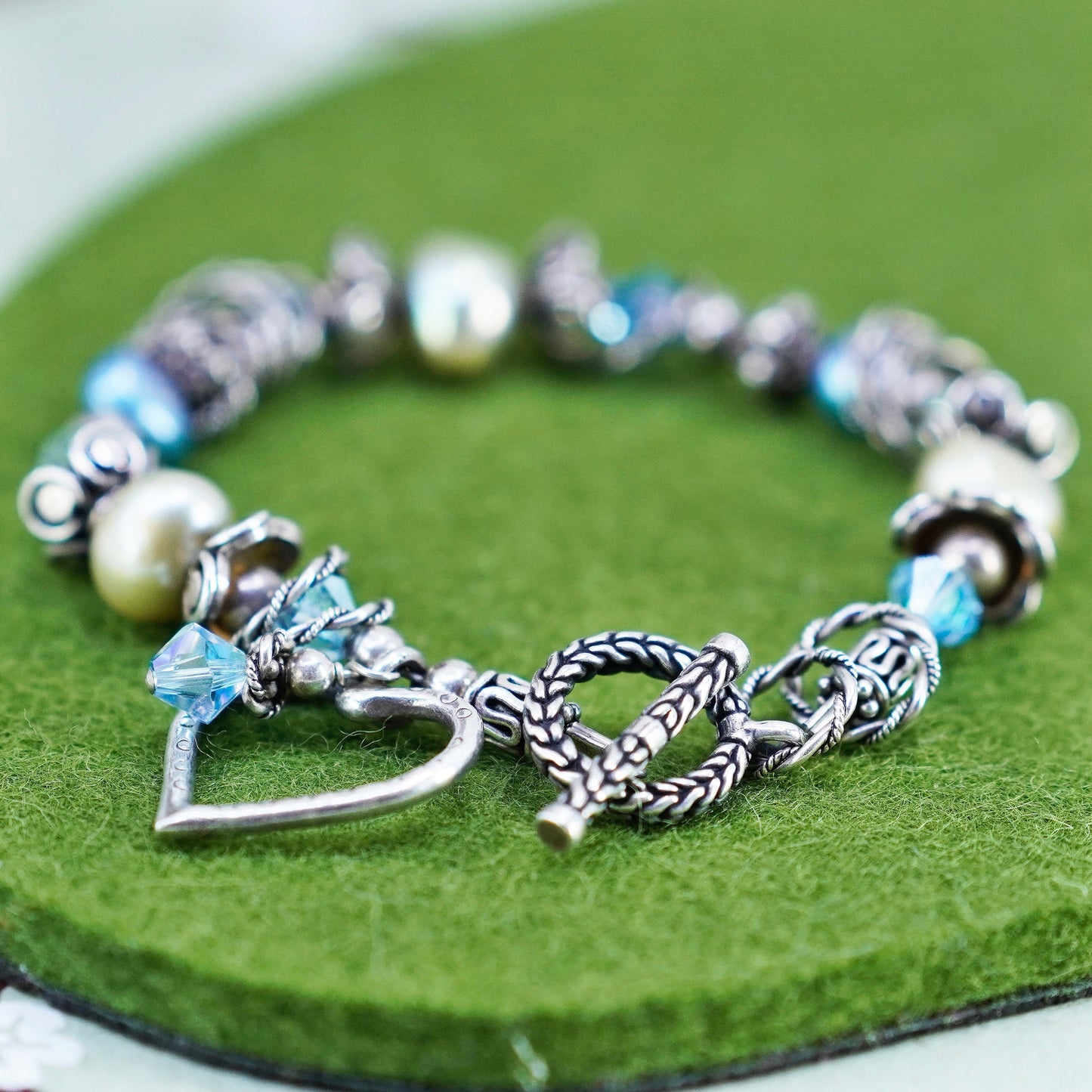 6.75”, Vintage bracelet, pearl crystal w/ sterling 925 silver beads heart charm