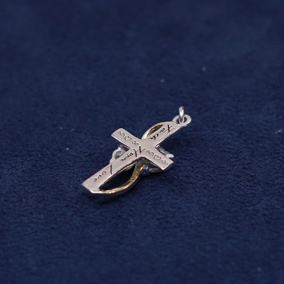 Two tone Sterling silver prayer pendant, 925 cross w/ heart cz "faith Hope love