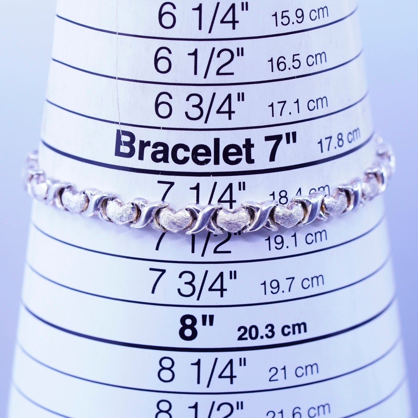 7.5”, vintage Sterling 925 silver handmade bracelet, matte heart chain