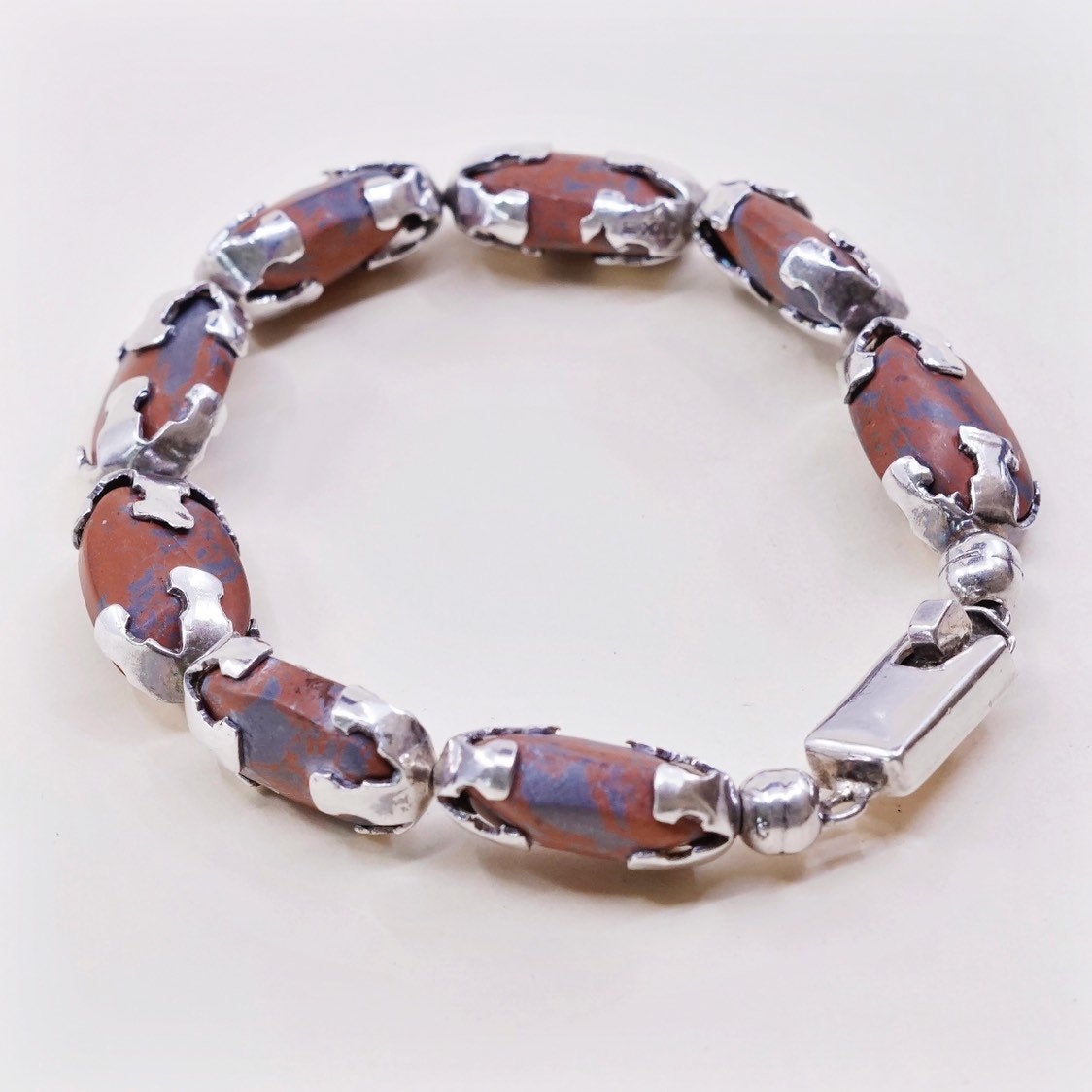 7”, VTG Sterling silver handmade bracelet, Mexico 925 w/ Oval bloodstone