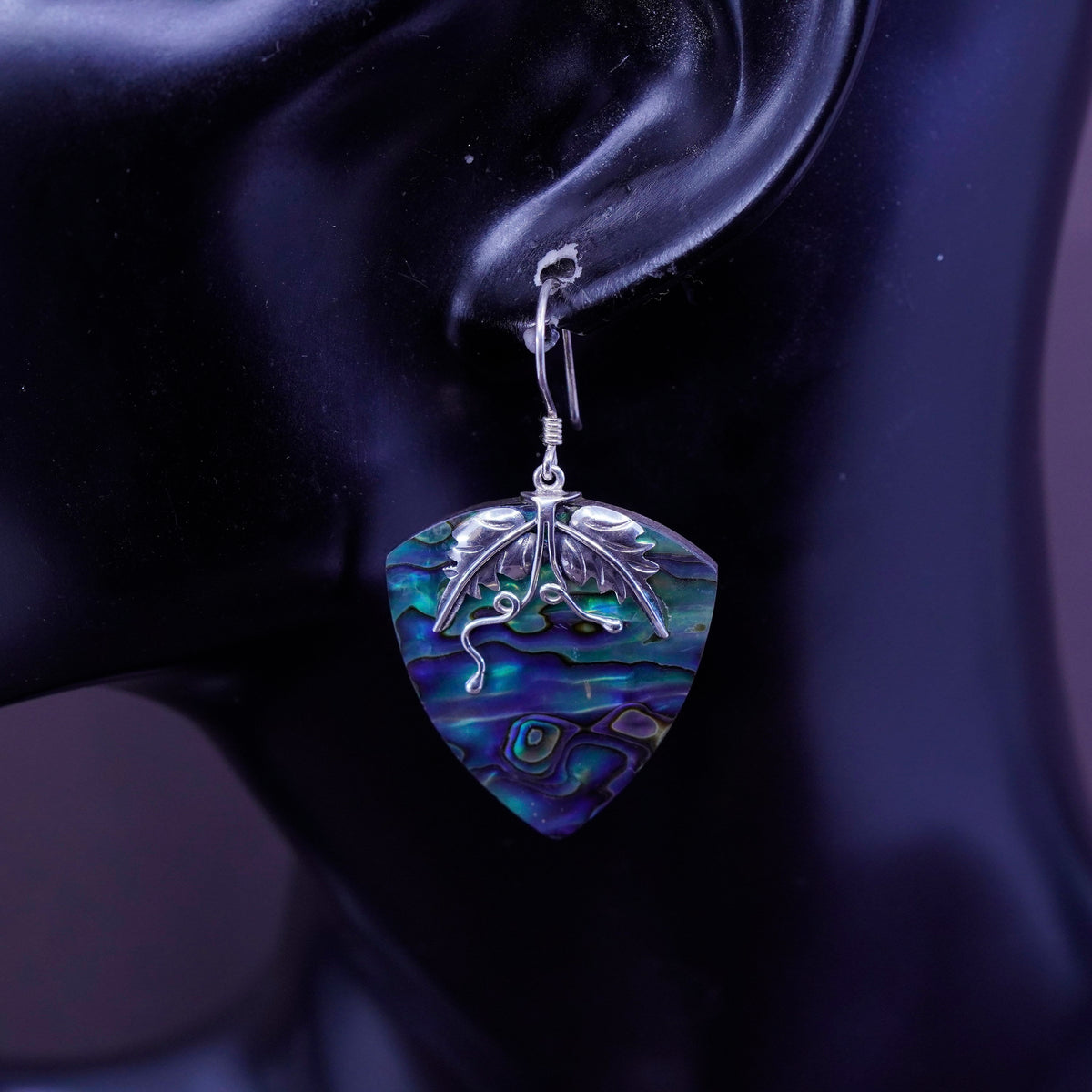 Sterling silver handmade earrings, 925 grapevine leaves with abalone dangles