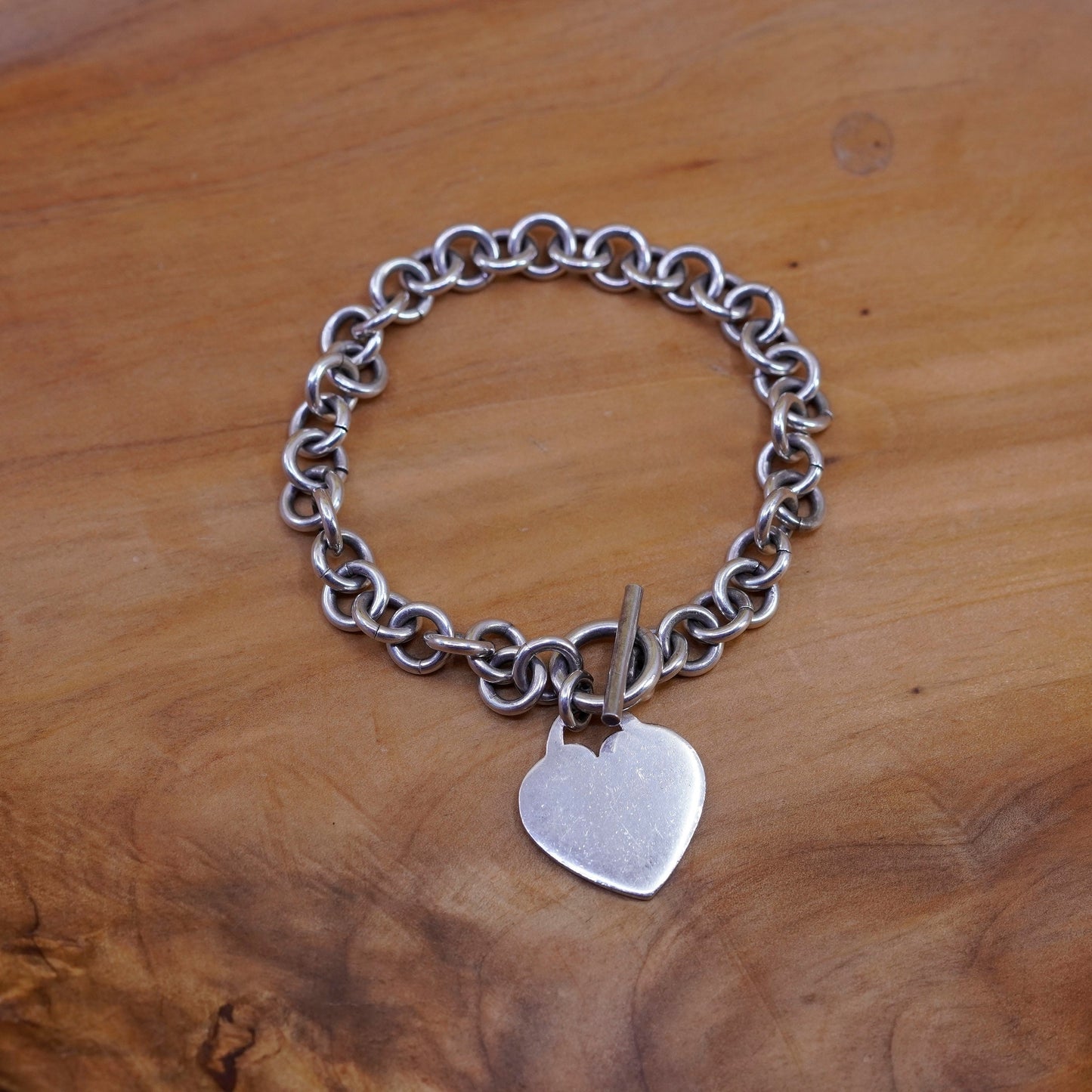 7.5”, Sterling silver handmade bracelet, 925 bold circle chain heart tag charm