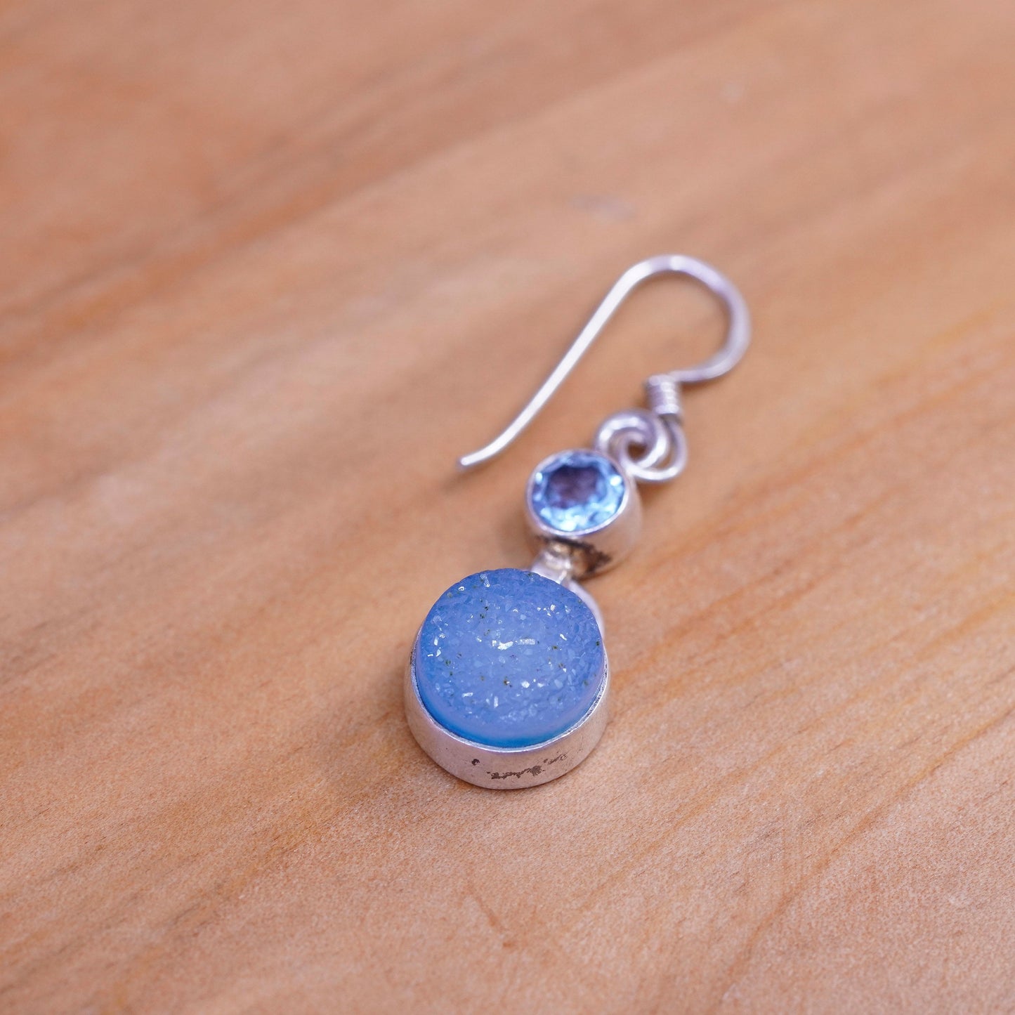 Vintage Sterling 925 silver handmade earrings with blue topaz and druzy