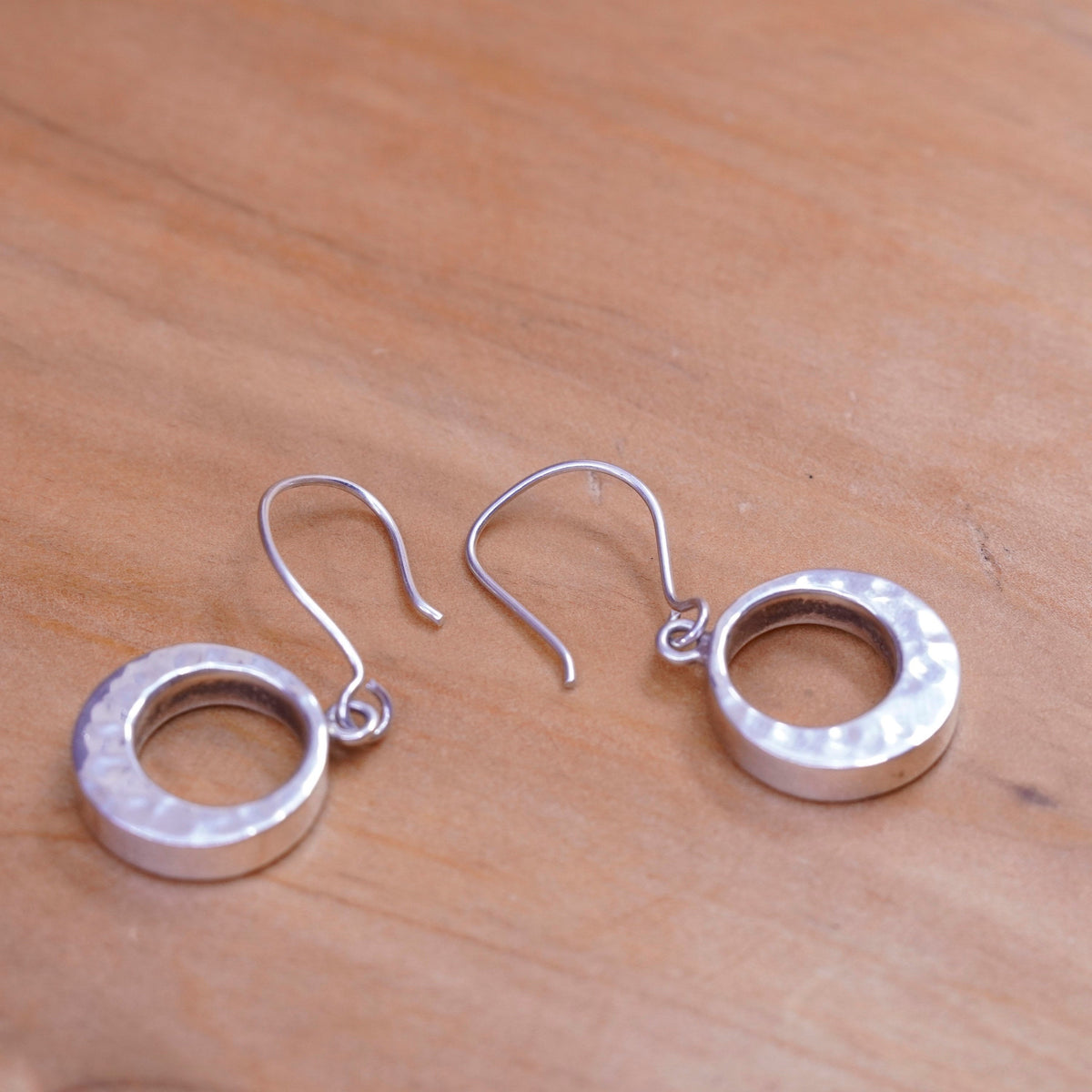 Vintage handmade sterling silver earrings, 925 circle hammered dangle