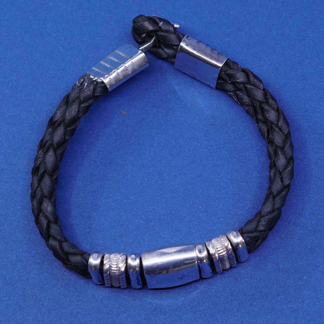 6.5”, vtg JB Sterling silver handmade bracelet, 925 w/ black leather chain