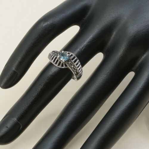 Sz 6, Sterling Silver handmade Ring, 925 Silver W/ Sapphire n marcasite, Stamped