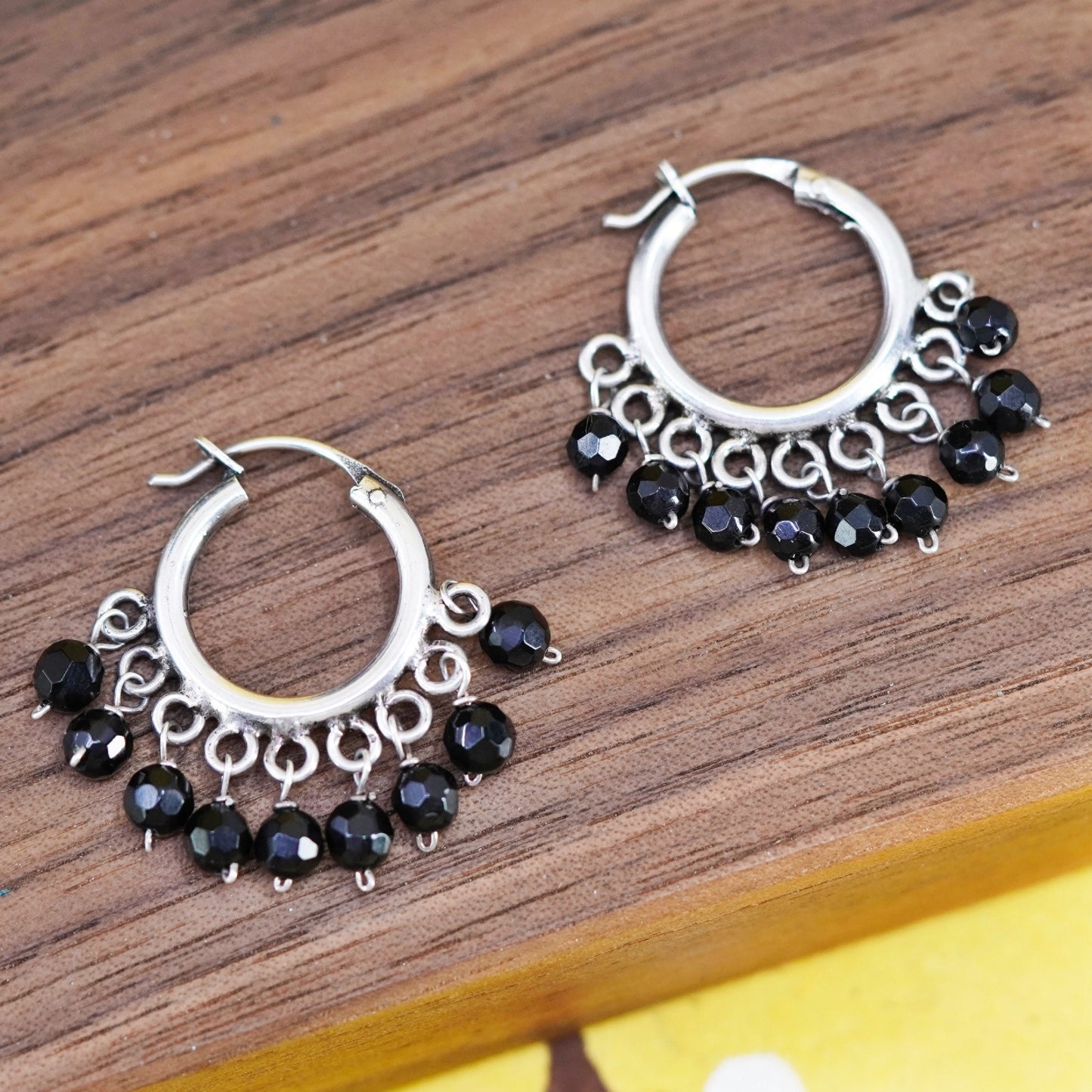 1”, vintage Sterling silver handmade earrings, 925 hoops with cluster obsidian
