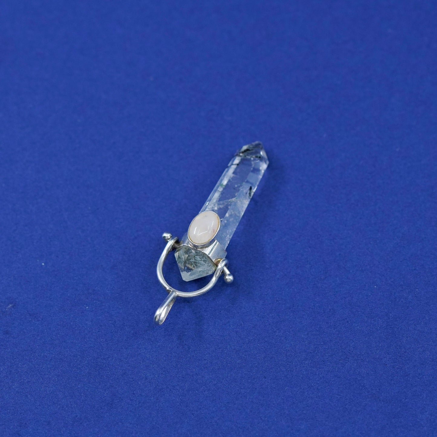 vtg handmade sterling silver charm, 925 Crystal healing Tourmalinated Quartz