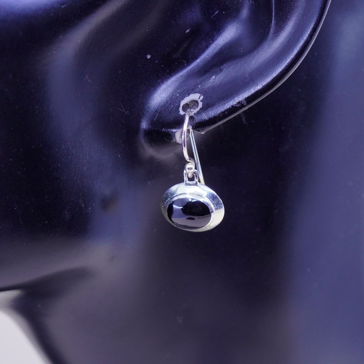 Vintage sterling 925 silver earrings, oval black onyx, handmade