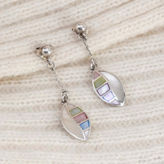 Vintage sterling 925 silver drop earrings, 925 leaf with Mother of pearl inlay