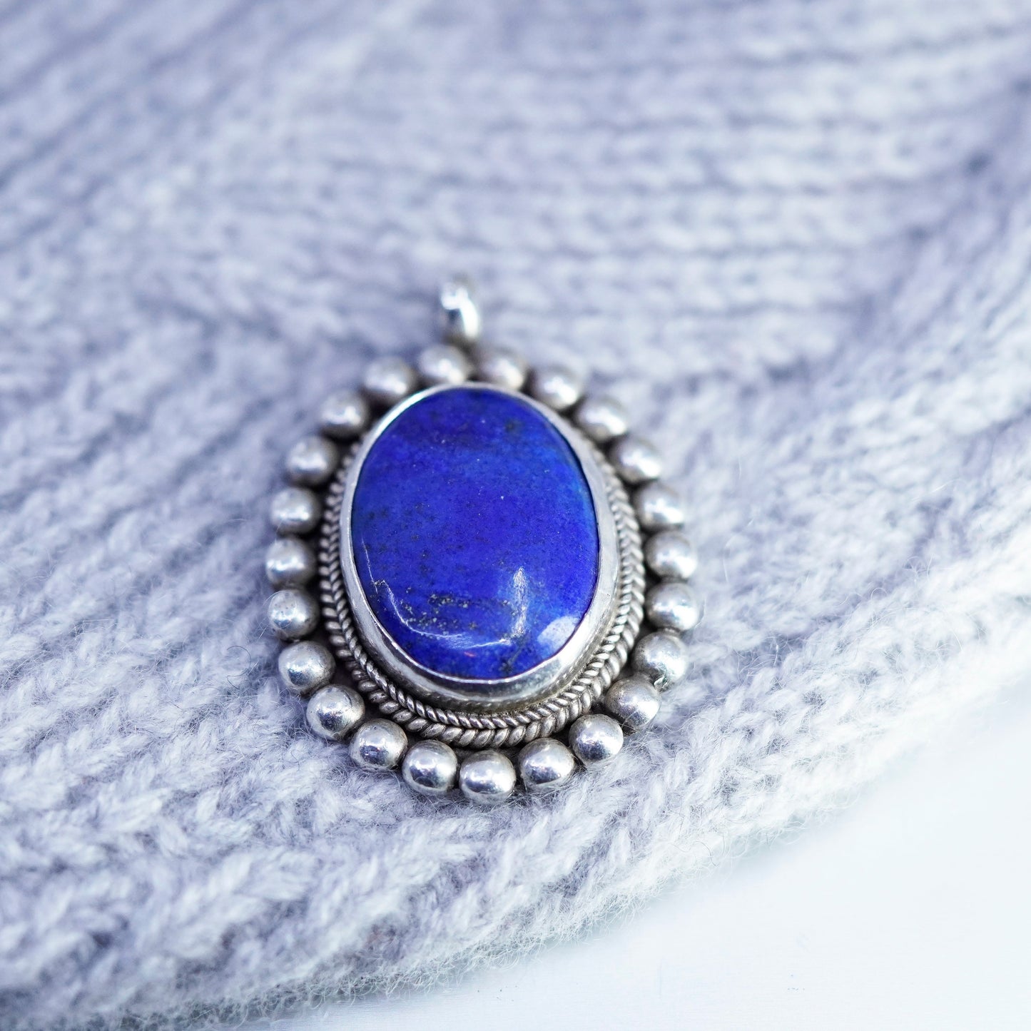 southwestern sterling 925 silver handmade beaded pendant with oval lapis lazuli
