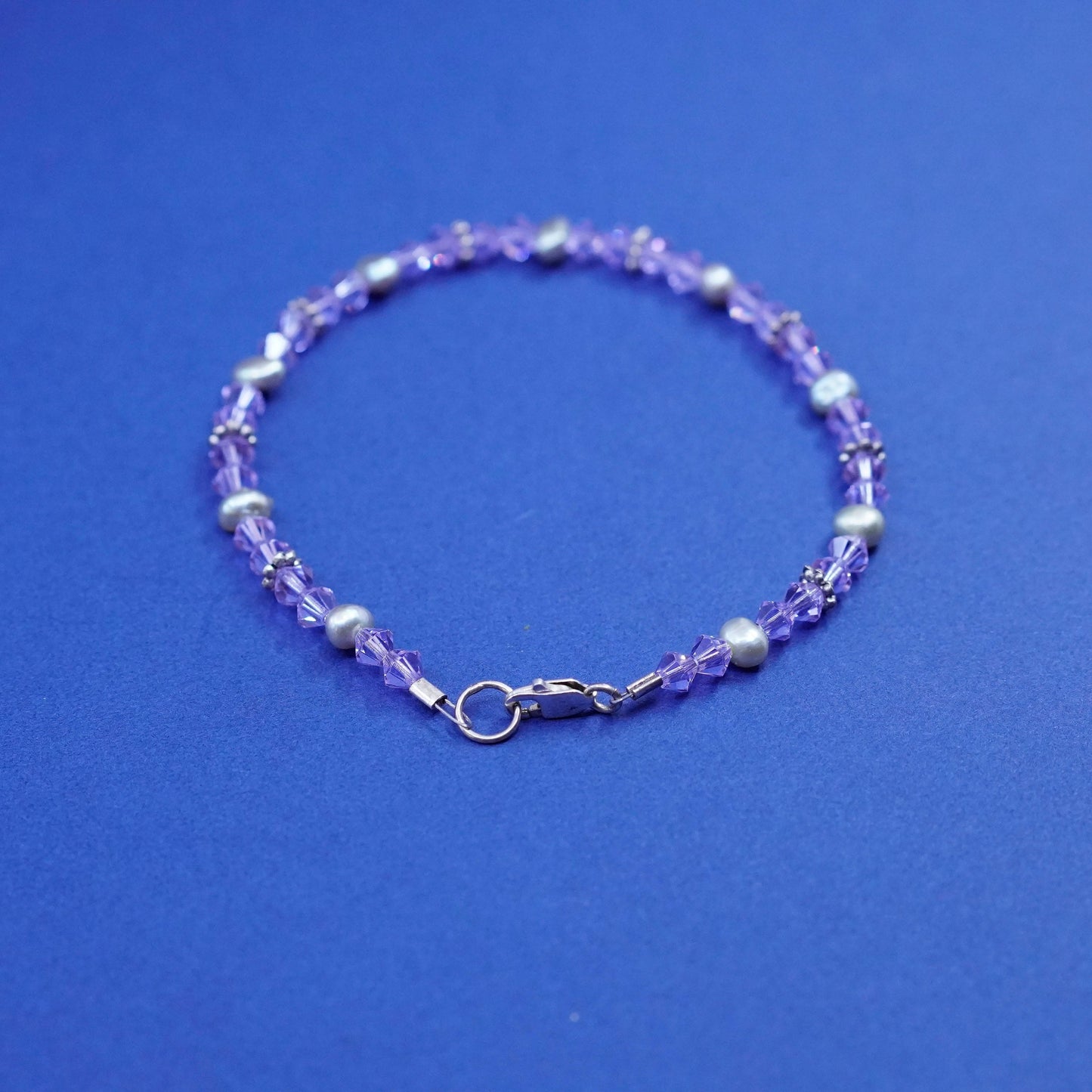 7.25”, vintage sterling 925 silver handmade bracelet with purple crystal beads