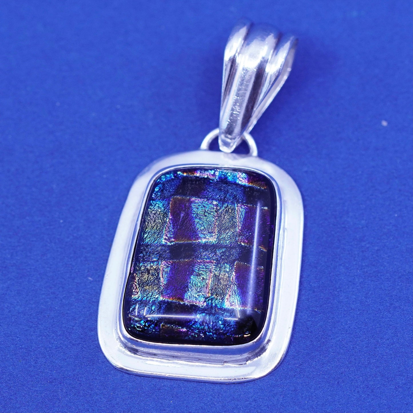 Vintage Mexico sterling 925 silver handmade pendant with blue dichroic glass