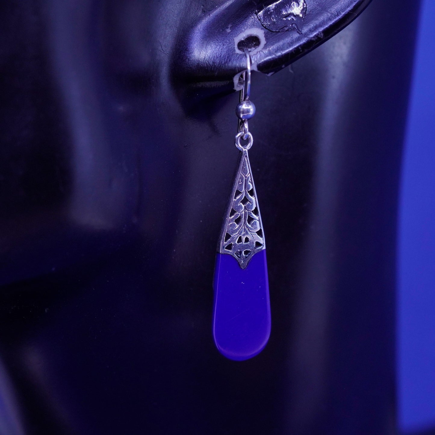 Vintage Sterling 925 silver handmade earrings with teardrop blue onyx and Bali