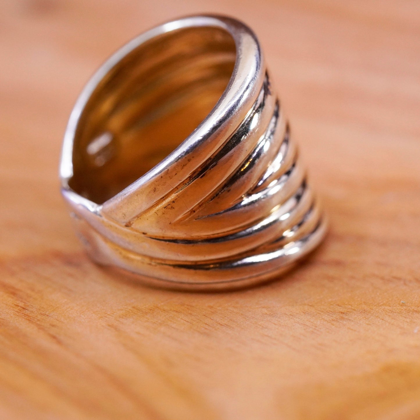 Size 7, Italy vermeil gold over Sterling silver handmade ring, 925 ribbed band