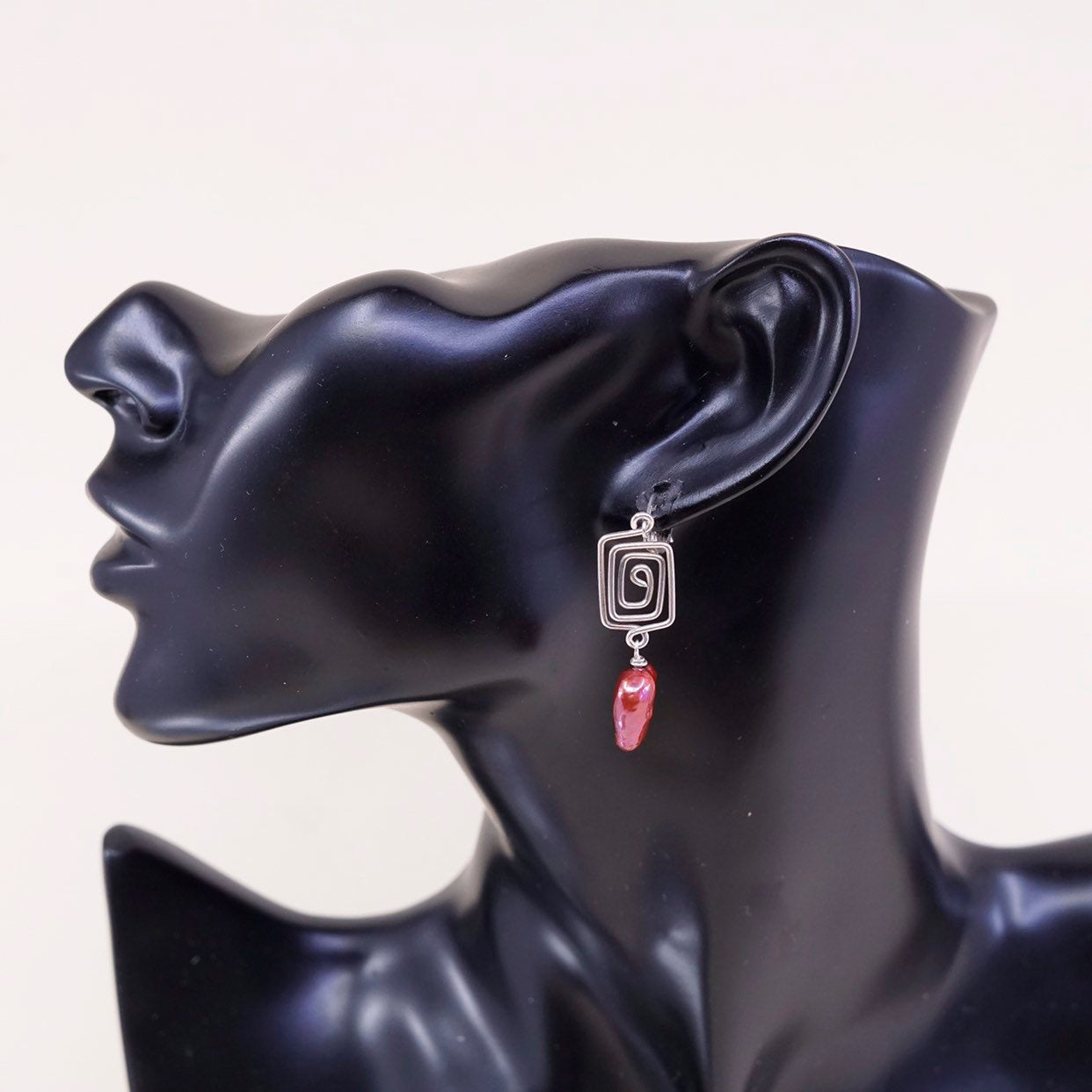 VTG sterling silver handmade earrings, 925 swirl dangles w/ red pearl beads