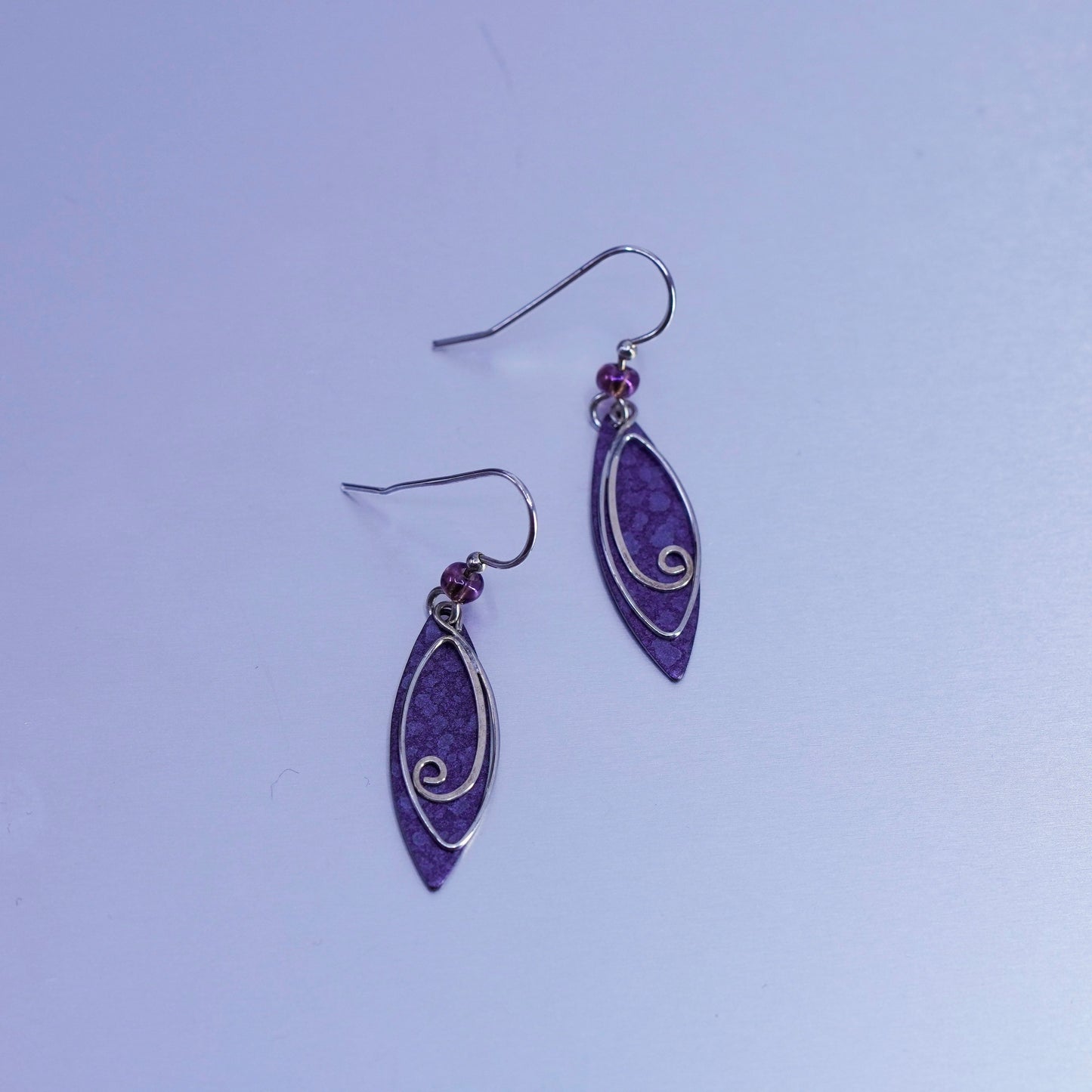 Vintage Sterling 925 silver handmade swirly earrings with purple stone