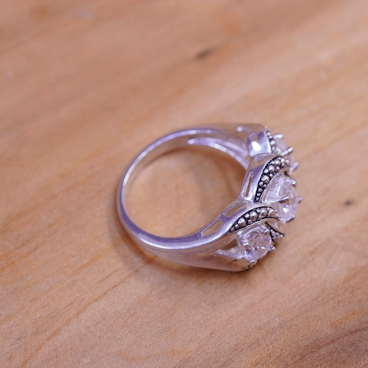 Size 8, vintage Sterling 925 silver engagement ring with cz and beads
