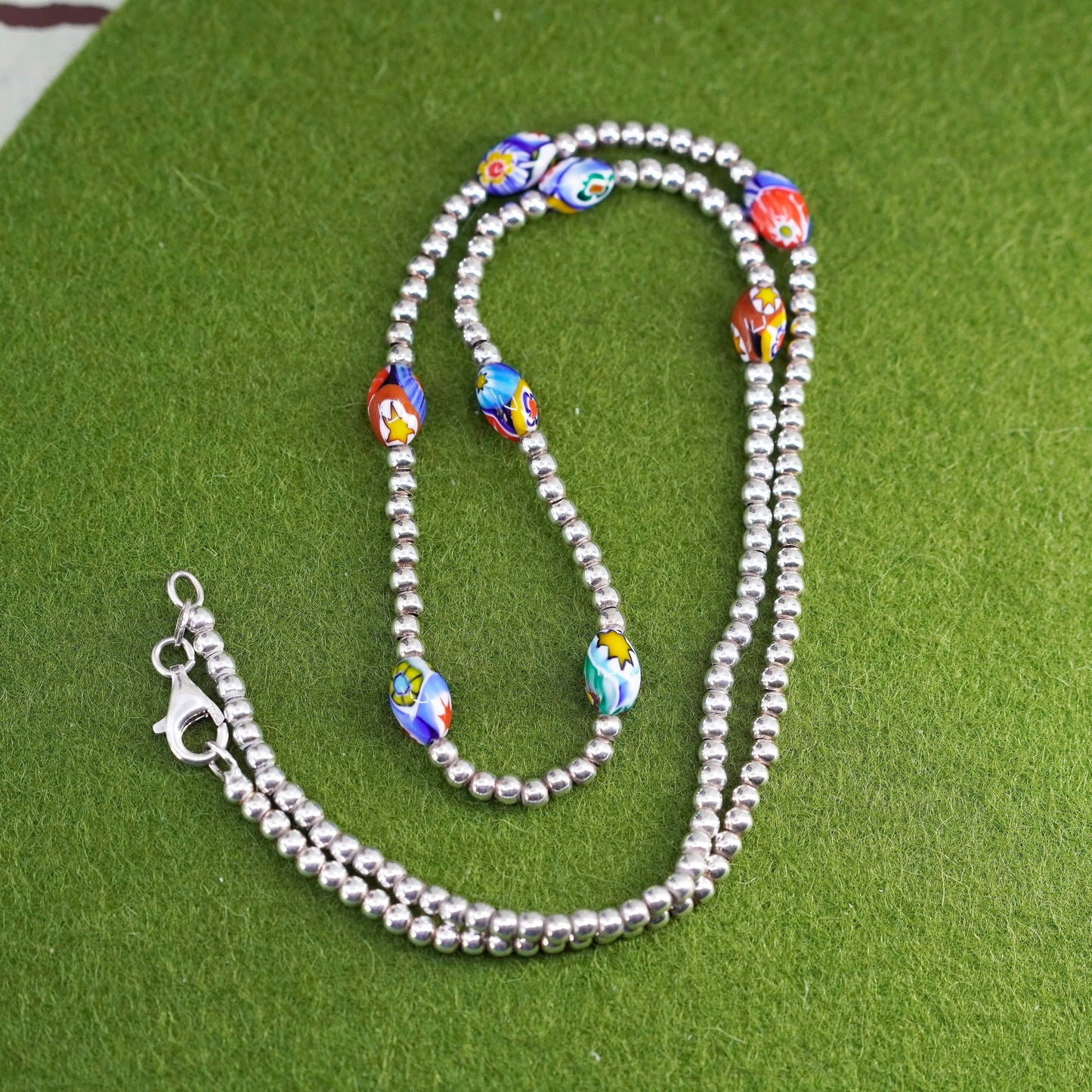 20”, Sterling silver handmade beaded chain necklace with Italian Murano glass