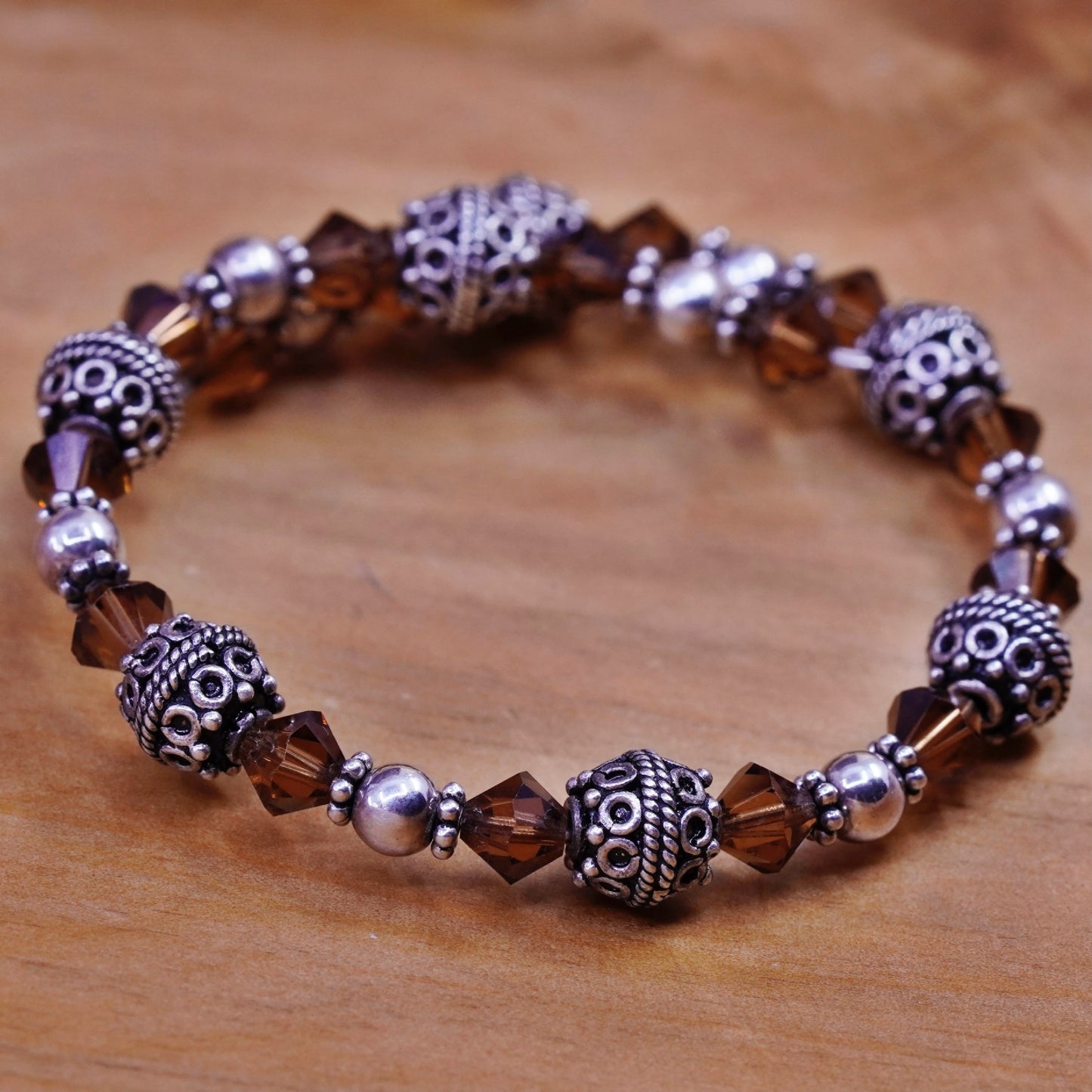 7.25”, modern Sterling silver handmade bracelet, 925 wrap bangle beads crystal