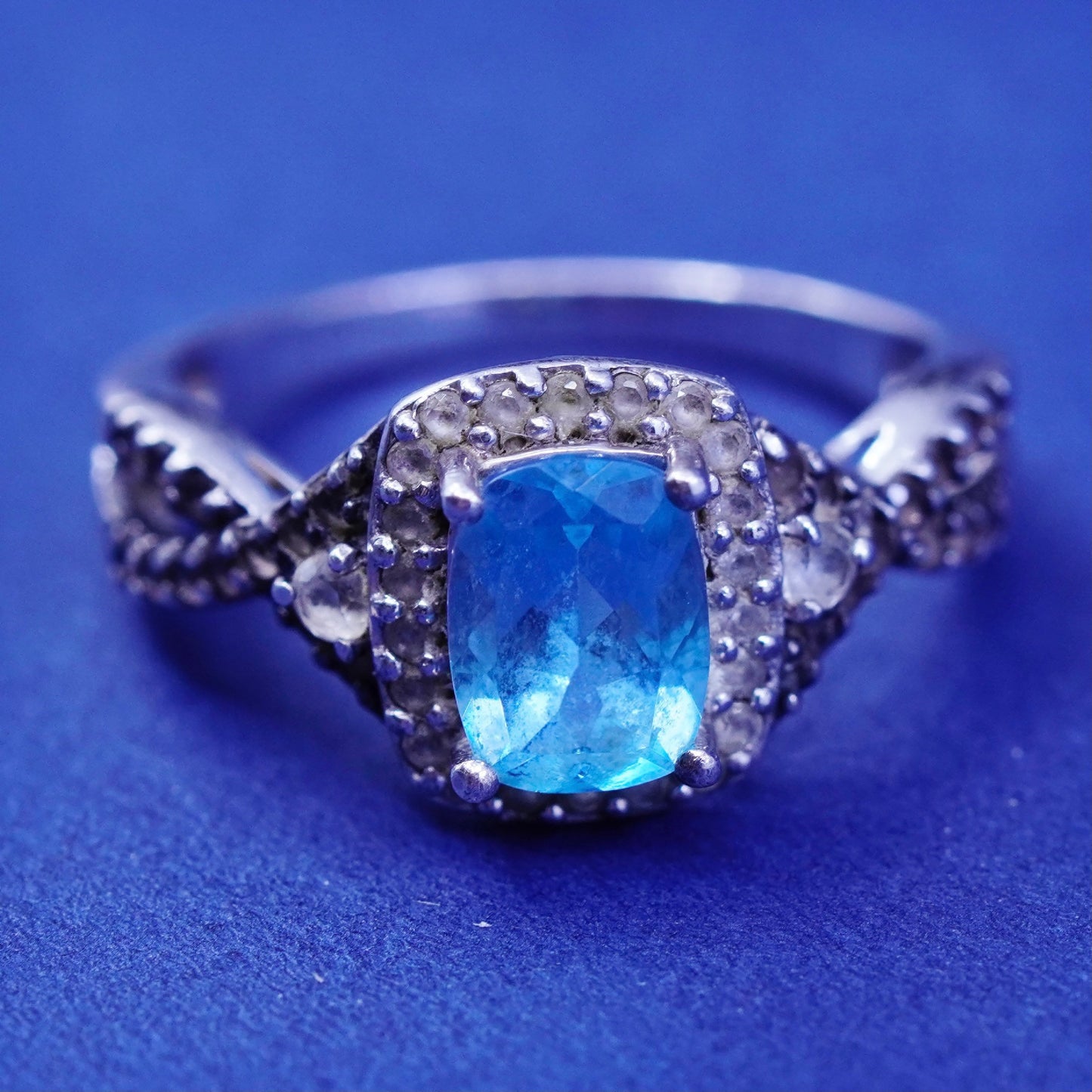 Size 7.25, vintage Sterling 925 silver handmade ring with topaz cluster diamond