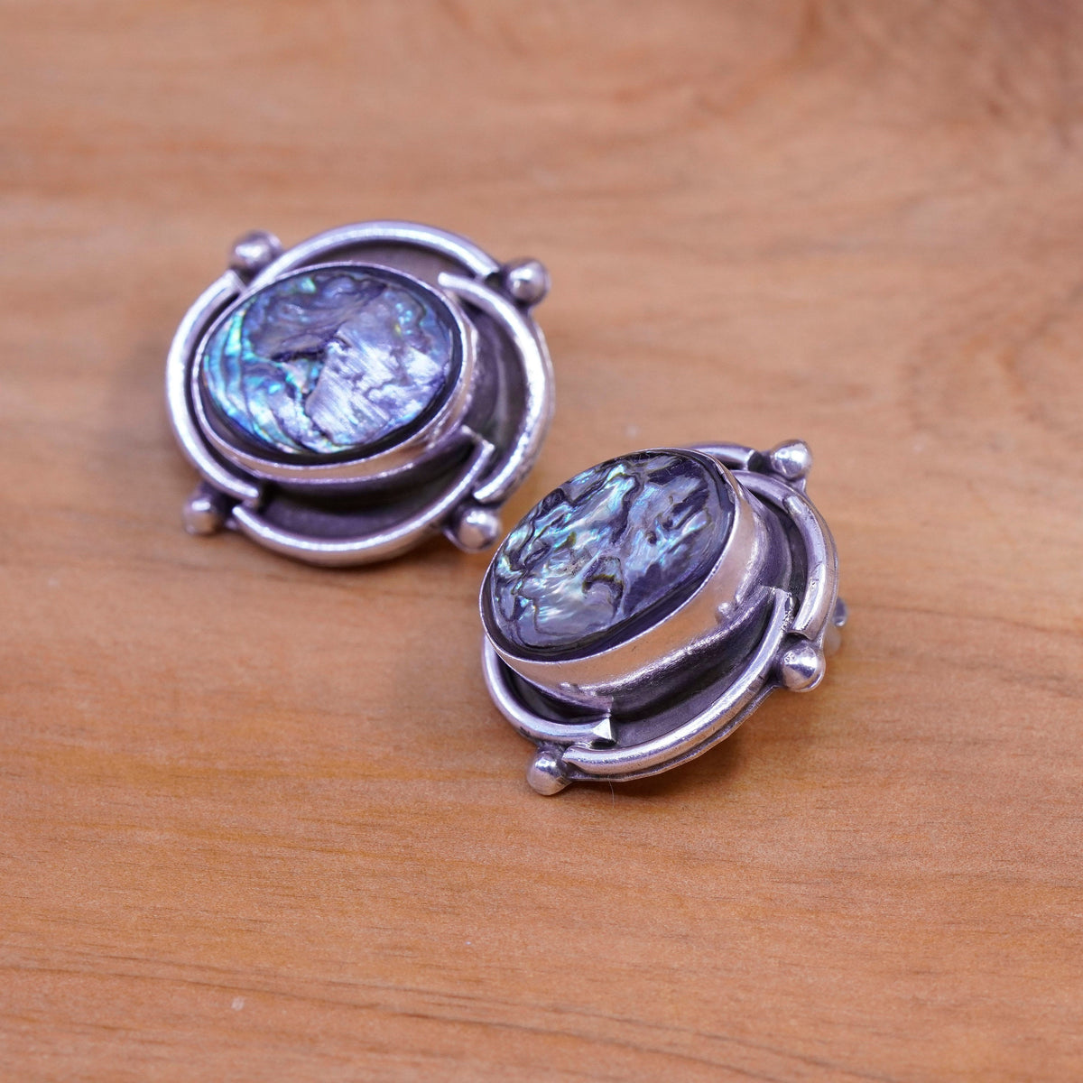 Vintage Sterling silver handmade earrings, Mexico 925 clip on with abalone