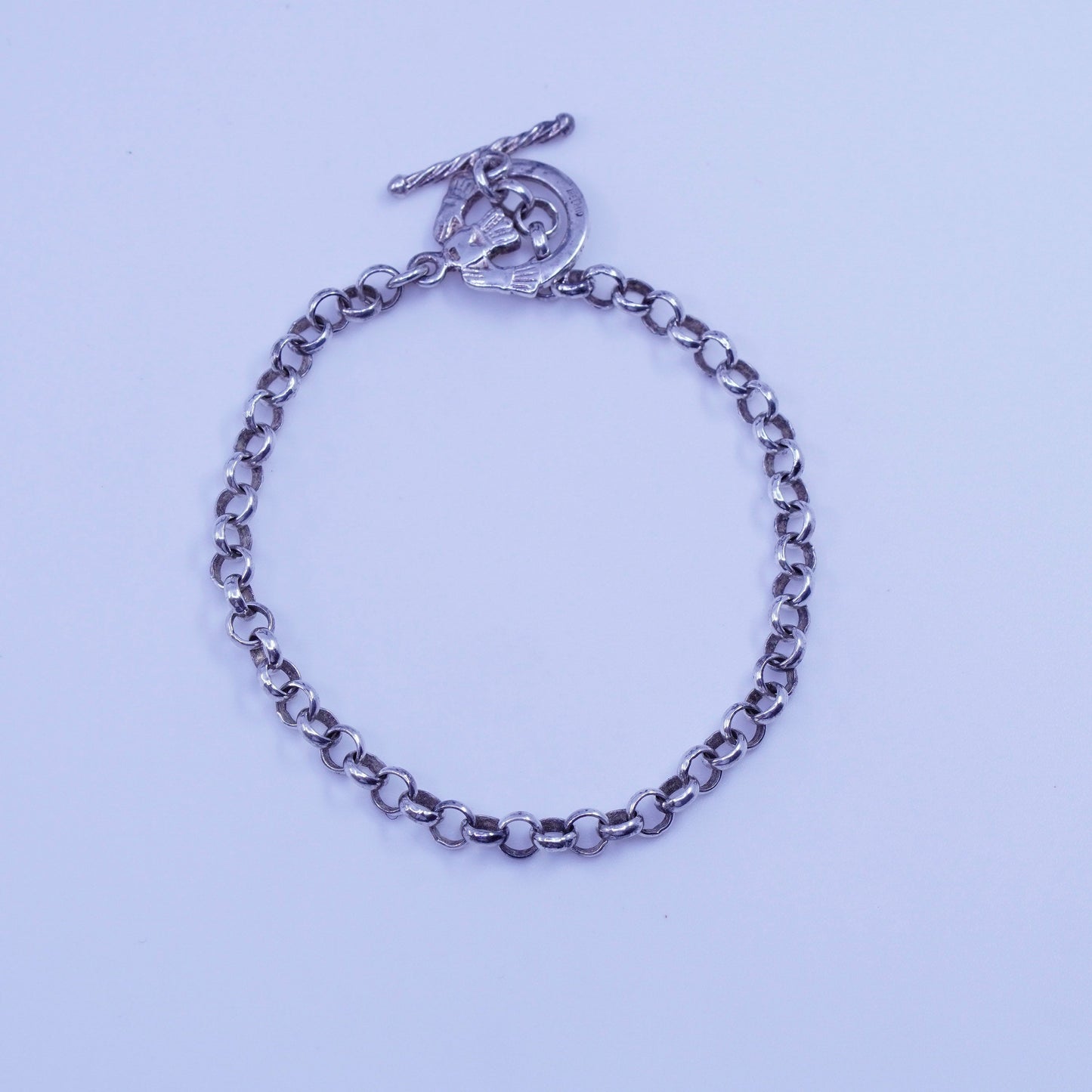 7”, Viking Sterling silver bracelet 925 bold circle chain claddagh heart closure