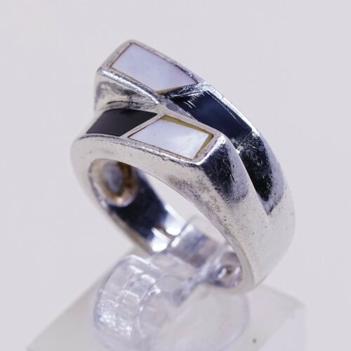 Sz 7.5, Vtg Sterling Silver Handmade Ring, 925 Band W MOP N Obsidian Inlay