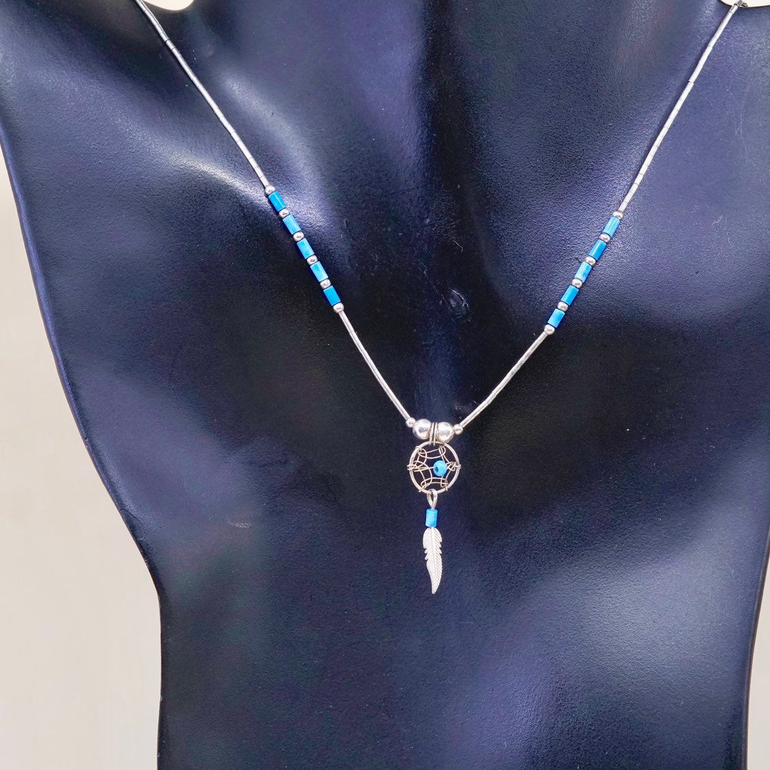 15", heishi Navajo Sterling silver necklace, 925 liquid chain turquoise feather