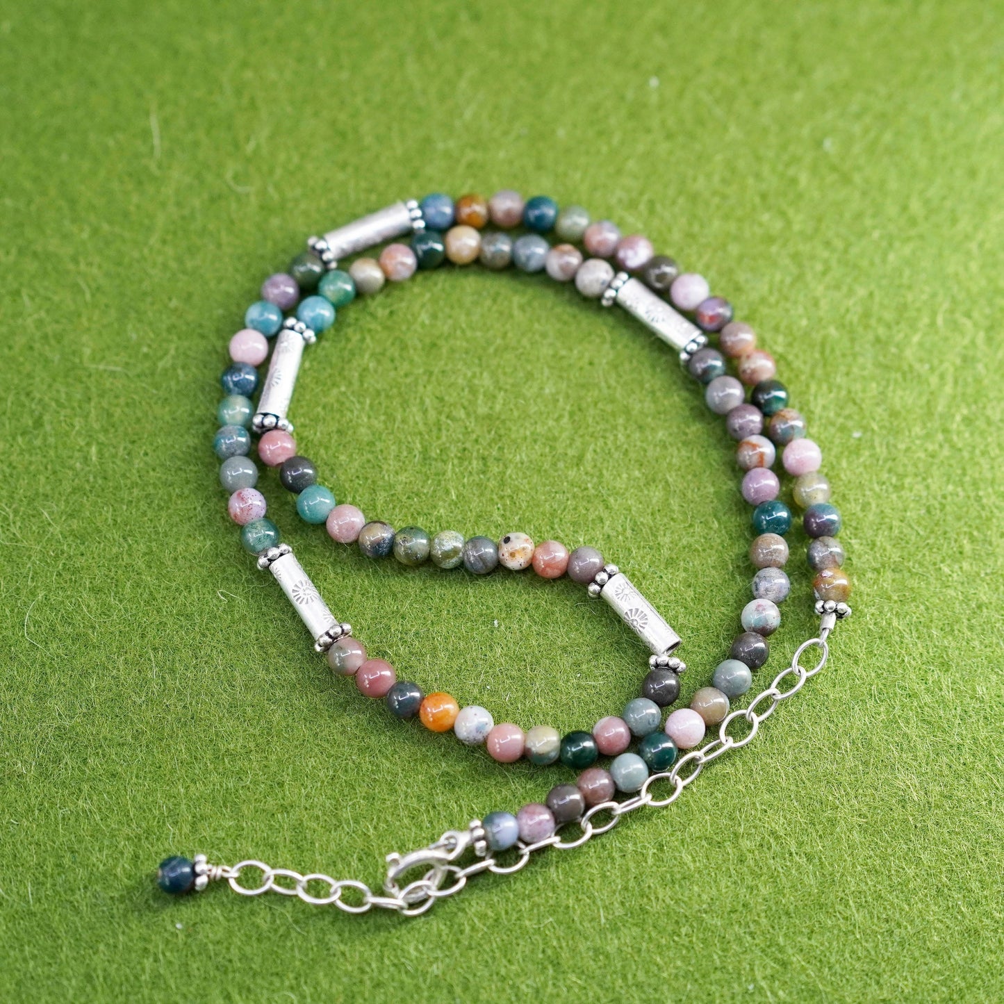 14+3”, vintage sterling 925 silver handmade necklace agate crystal jade beads