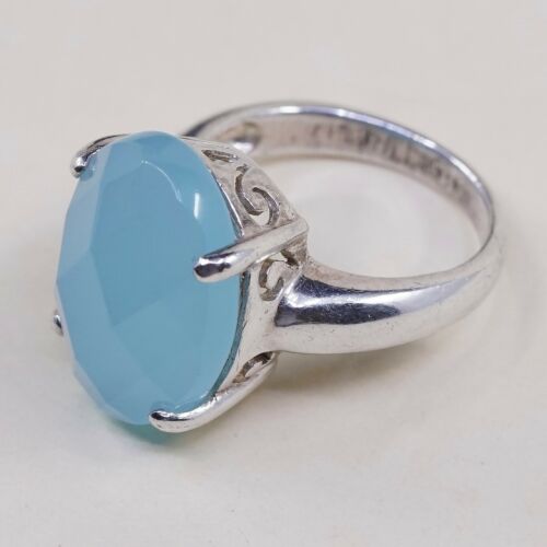 Sz 6.75, Vtg Sterling Silver Handmade Ring, 925 W/ Checker Cut Green chrysoprase