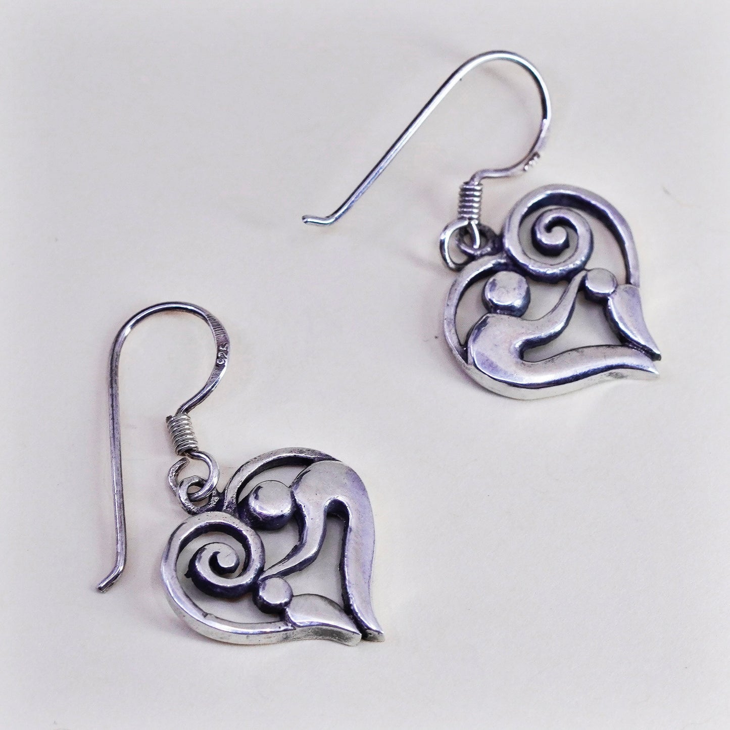 Vintage sterling 925 silver handmade motherhood heart earrings with mother baby