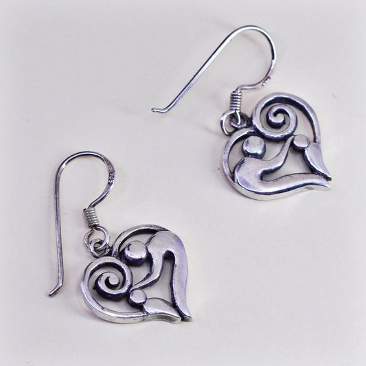 Vintage sterling 925 silver handmade motherhood heart earrings with mother baby