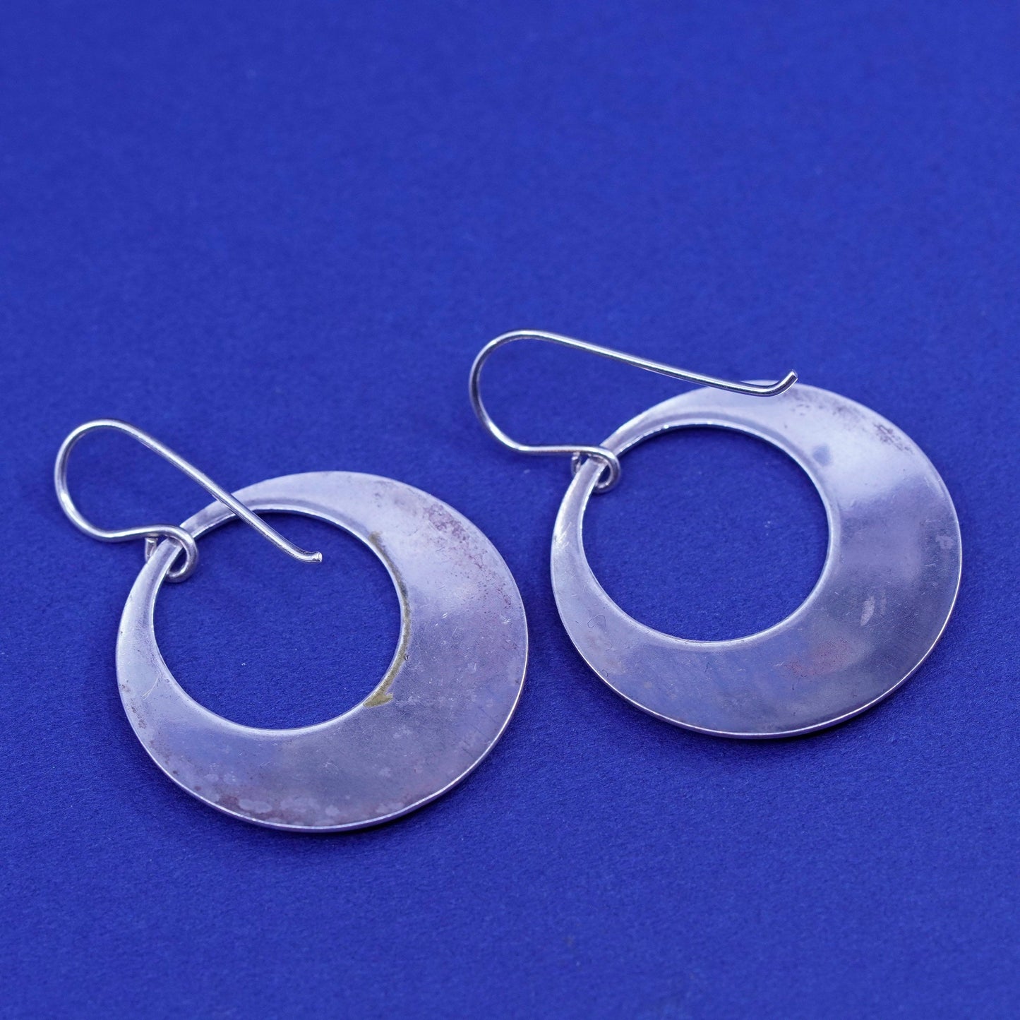 Sterling Silver handmade Earrings. 925 hammered circle dangles with Greek key