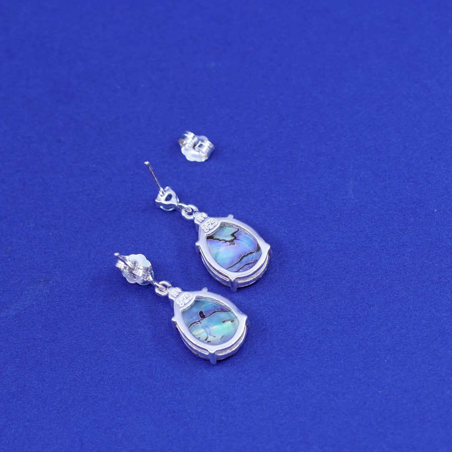Vintage Sterling 925 silver handmade earrings with teardrop abalone and cz