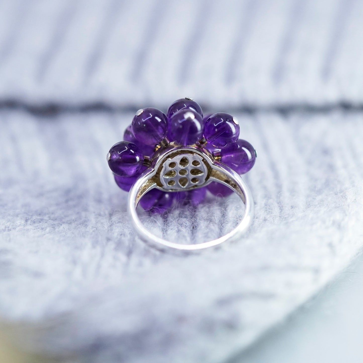 Size 8, vintage Sterling 925 silver handmade ring with cluster amethyst