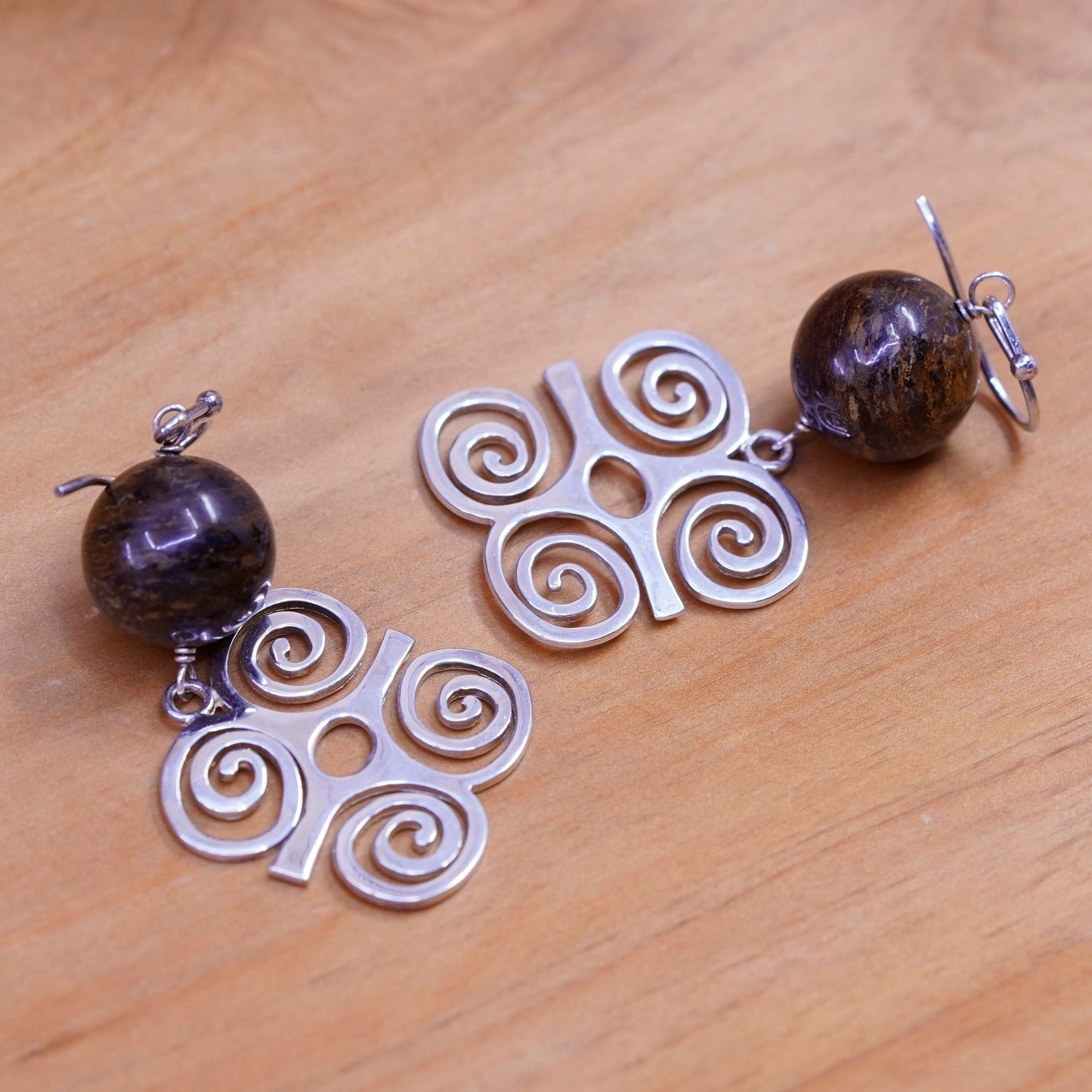 Vintage Sterling 925 silver handmade dwennimmen earrings golden tiger eye beads