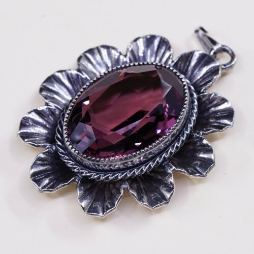 Vtg Danecraft Sterling silver pendant, Floral 925 w/ amethyst, stamped Sterling