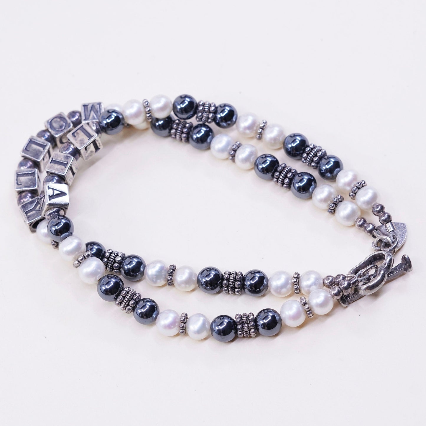 7.5”, MB sterling 926 silver bracelet, monogram hematite pearl chain “molly Lia