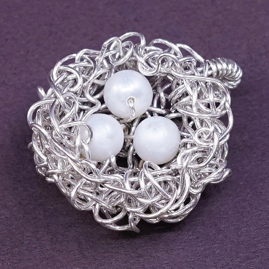 VTG Sterling silver handmade pendant, 925 wired bird nest w/ pearl details