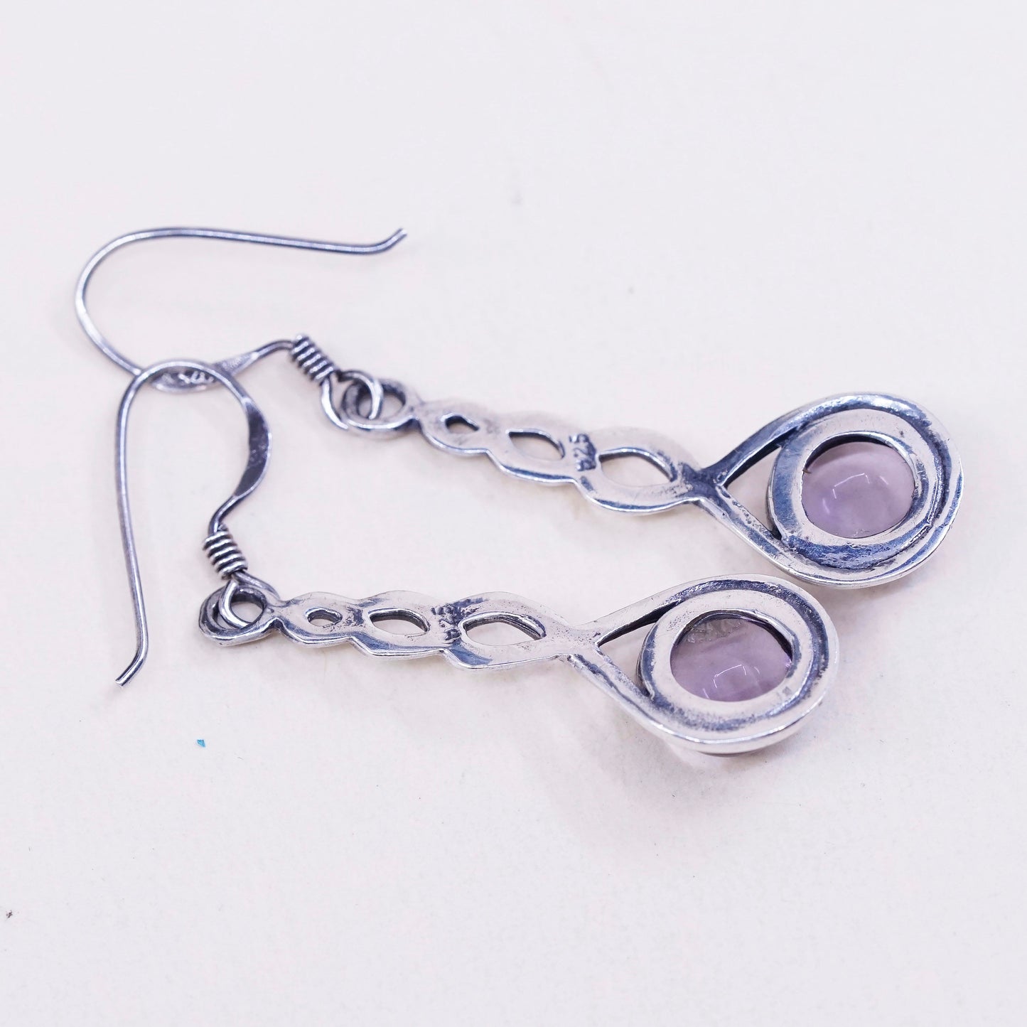 Vintage sterling silver handmade earrings, 925 twisted drops with amethyst