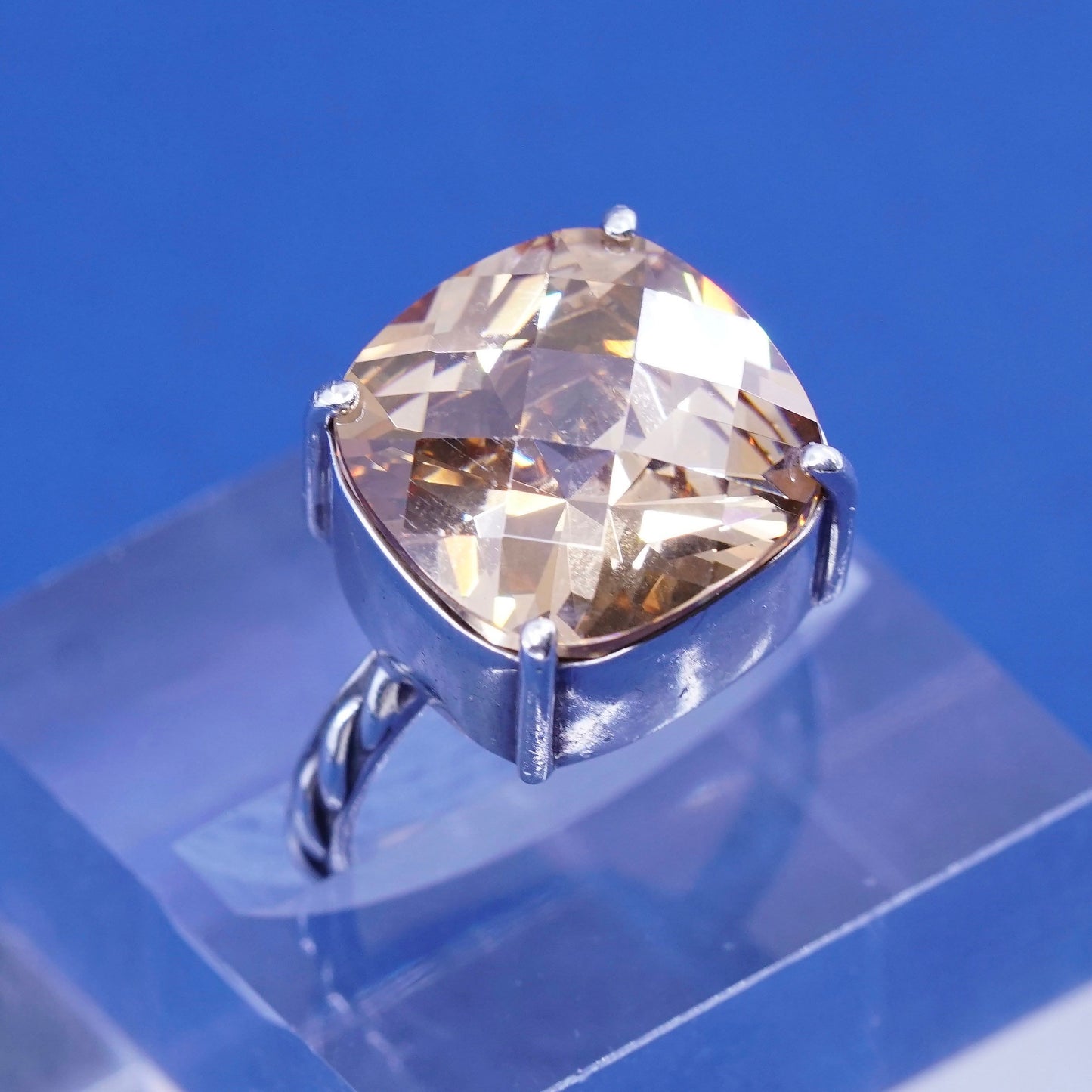 sz 7.75 vtg Sterling silver ring, 925 with cushion cut citrine N clear crystal