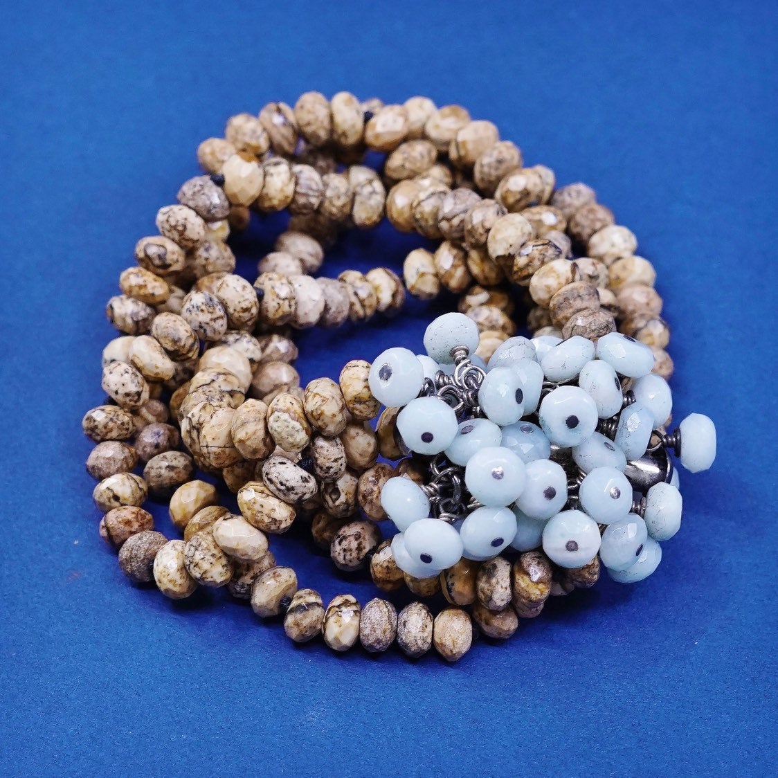 5", 1960s Sterling silver handmade bracelet, 925 w/ jasper beads N cluster jade