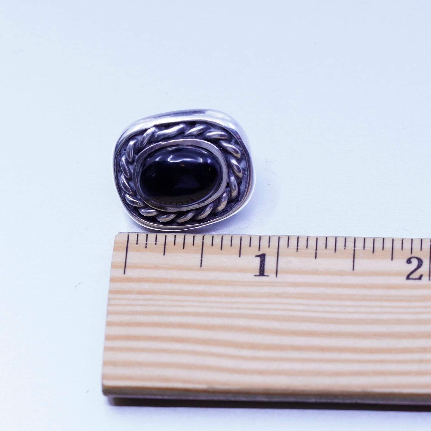 Vintage Sterling 925 silver handmade earrings, clip on w/ black onyx and cable