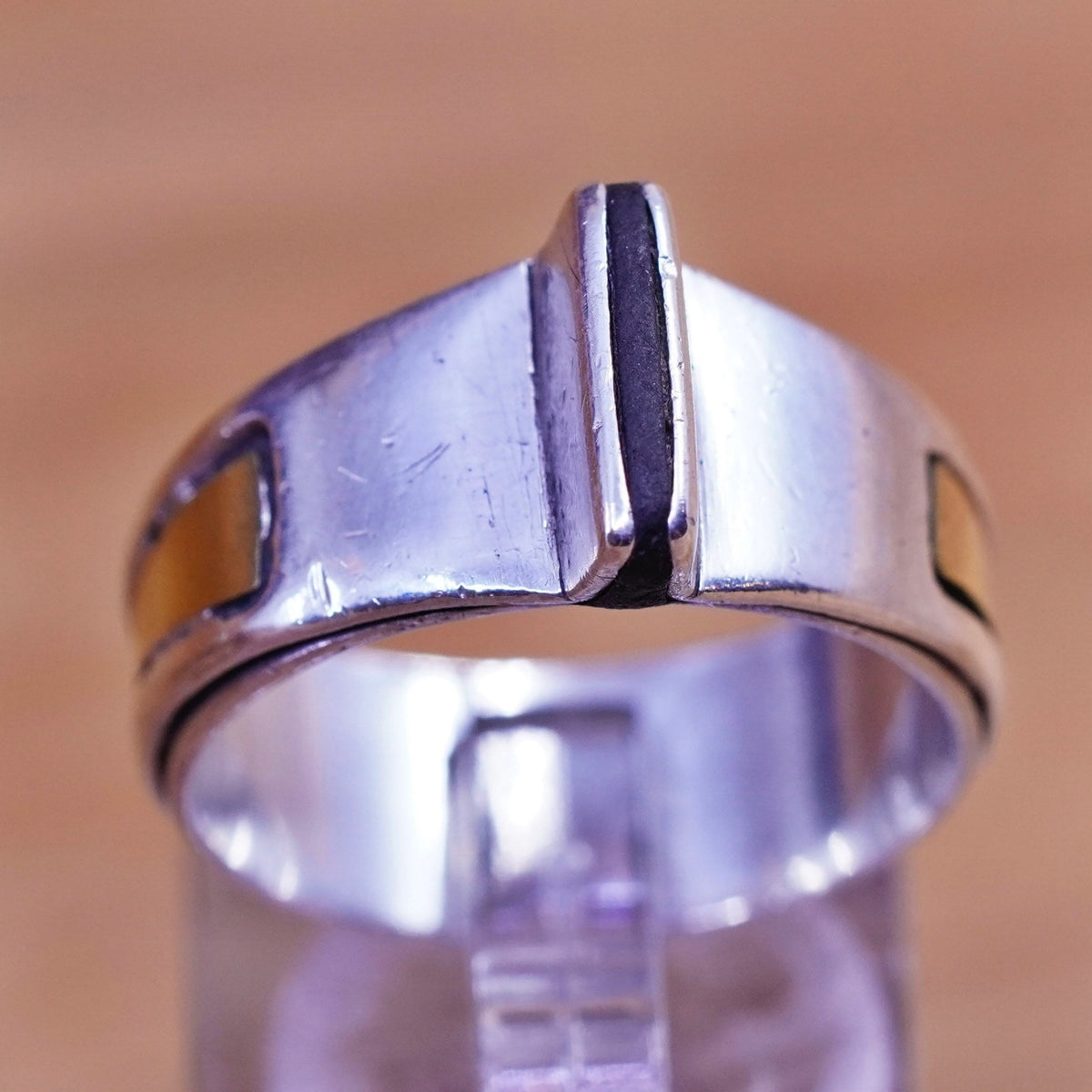 Size 9, vintage modern Sterling 925 silver handmade ring with brass