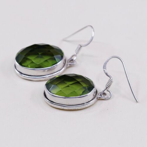 Vtg STERLING 925 SILVER Handmade earrings with Green Cushion Cut Crystal dangles