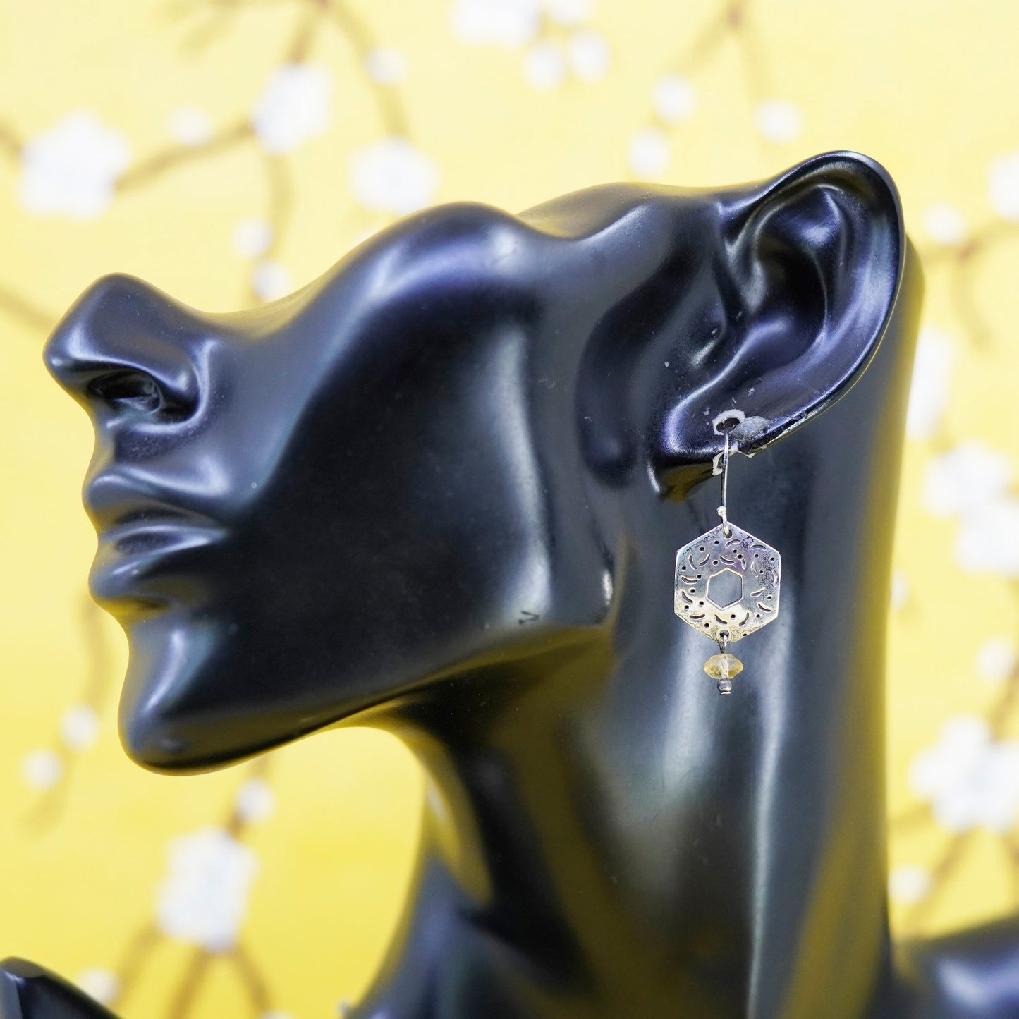 Vintage sterling 925 silver handmade honeycomb earrings with citrine