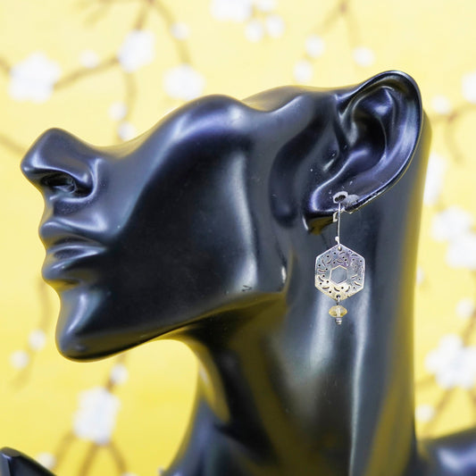 Vintage sterling 925 silver handmade honeycomb earrings with citrine